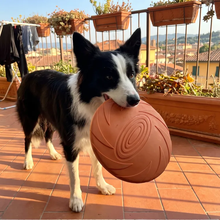 Border collie in balcone con il frisbee in silicone in bocca