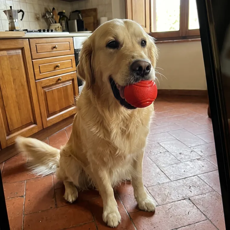 Golden retriever con la palla in gomma in bocca, in cucina