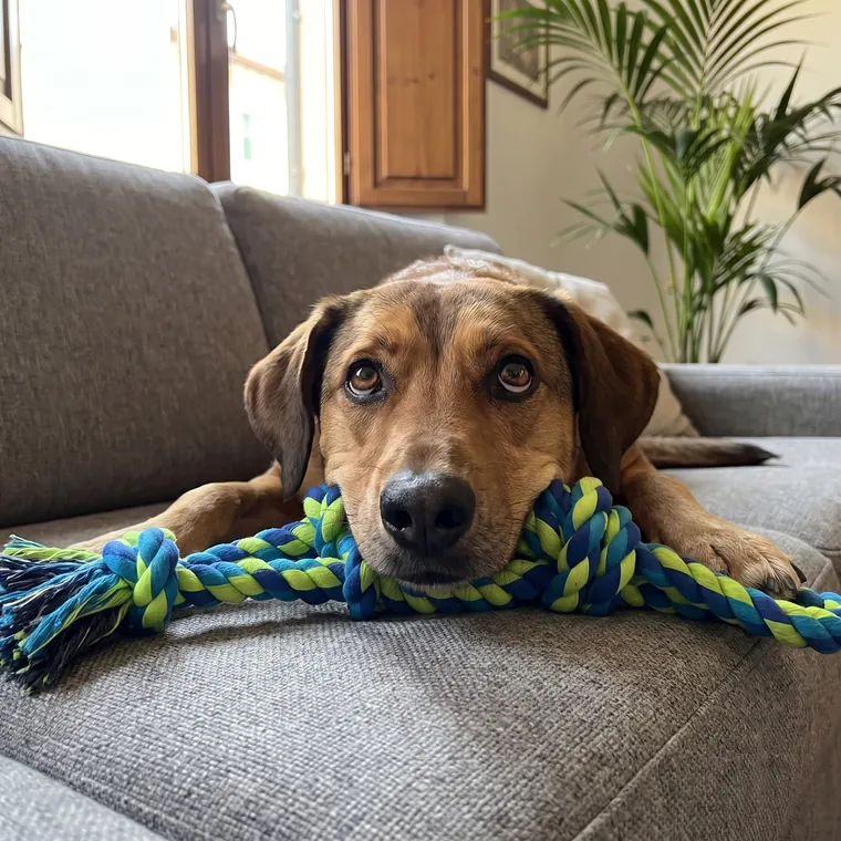 Cane meticcio sul divano con la corda intrecciata fra le zampe