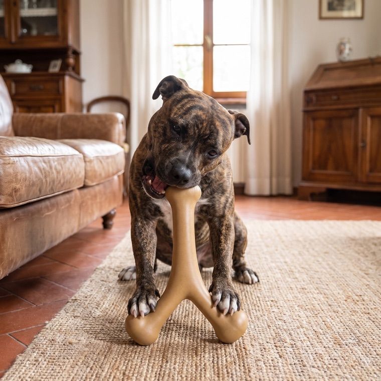 Zeus, amstaff, che morde l'osso in nylon