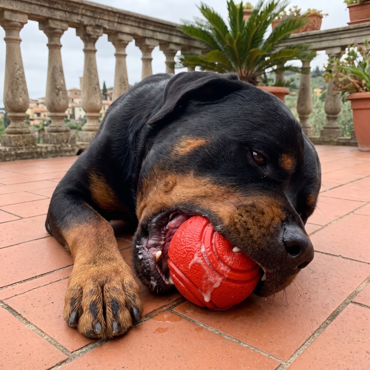 Kira, rottweiler, che schiaccia la palla in gomma