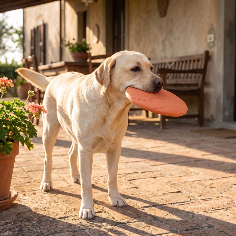 Nina, labrador, che morde il frisbee in silicone