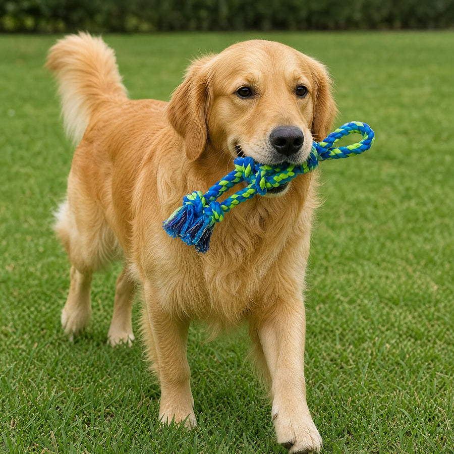 Cane che tira la corda con nodo