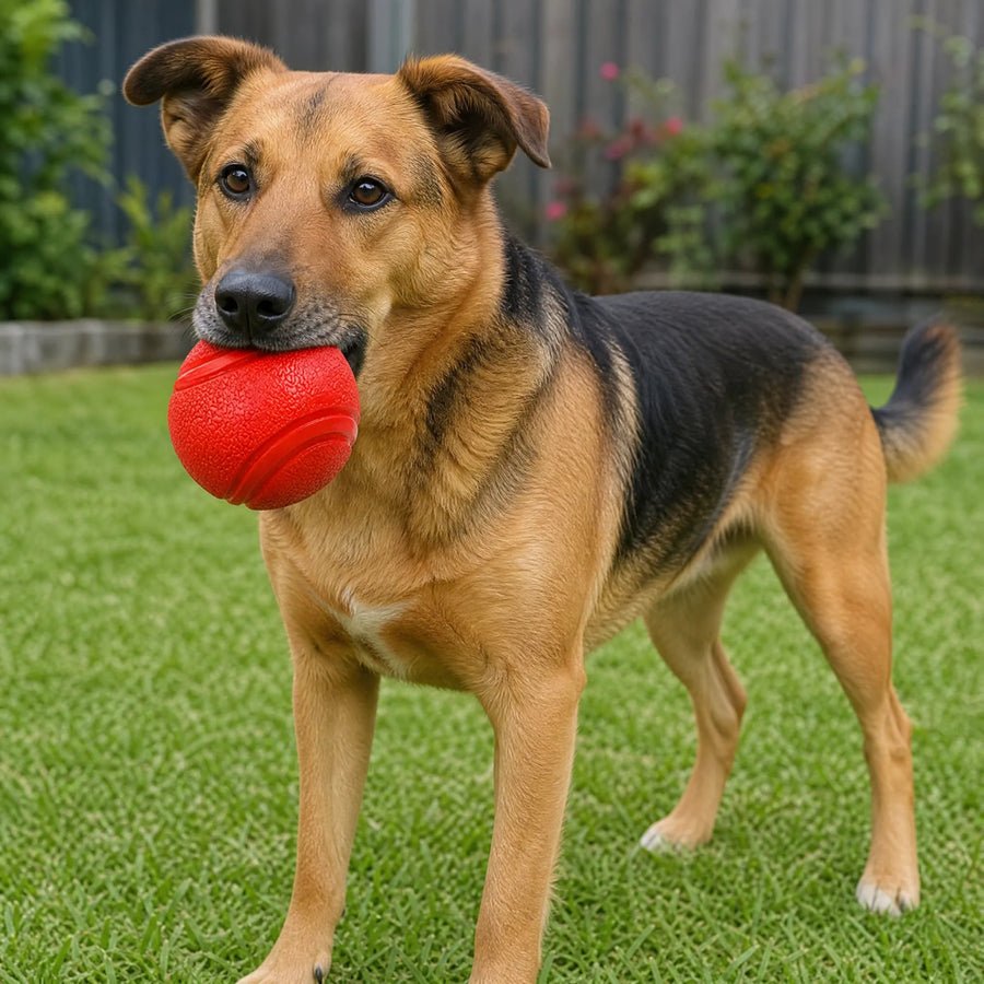 Cane che gioca con la palla in gomma solida