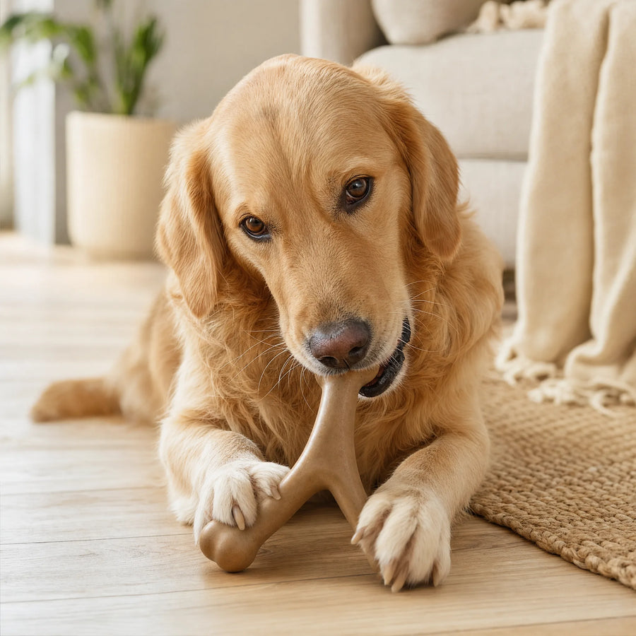 Cane con l'osso masticabile in salotto