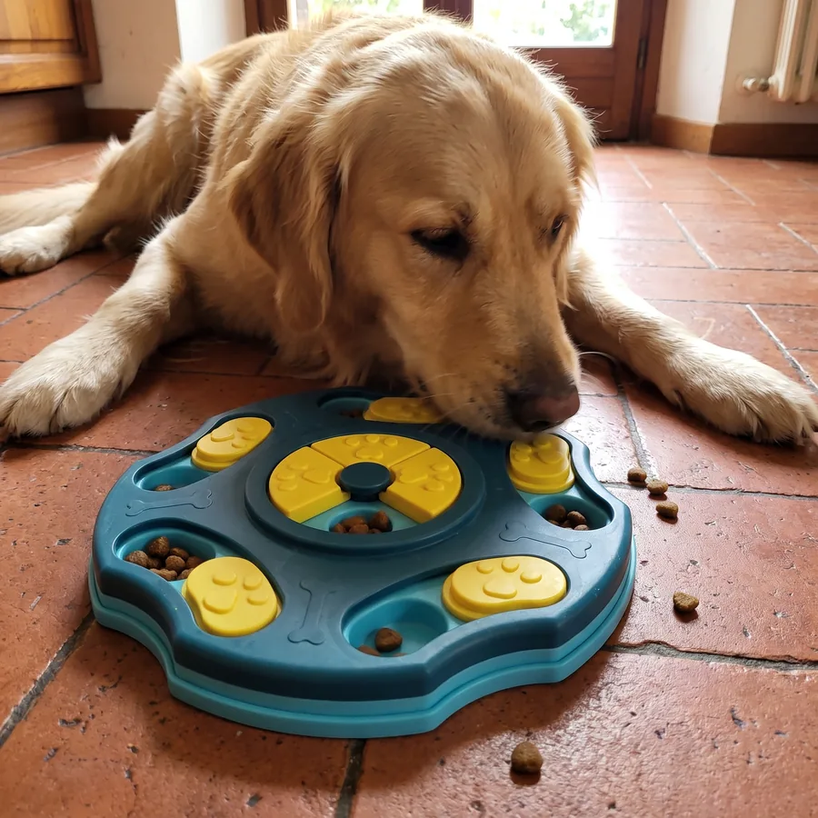 Cane che sposta le tessere del puzzle col naso